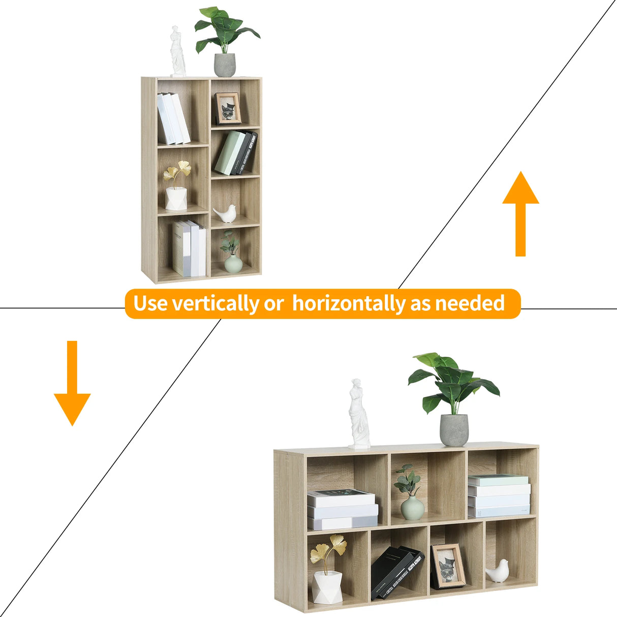 Moderne BukkitBow boekenkast met 7 vakken in Scandinavisch design, strakke houten uitstraling en functioneel opbergmeubel