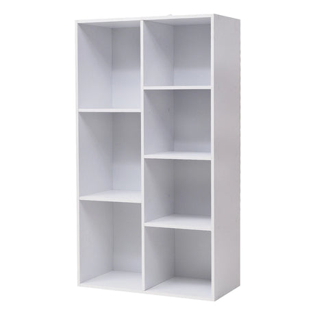 Moderne BukkitBow boekenkast met 7 vakken in Scandinavisch design, zwart hout en strakke lijnen, geschikt voor woonkamer of kantoor.
