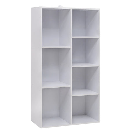 Moderne BukkitBow boekenkast met 7 vakken in Scandinavisch design, witte houten boekenkast met strakke lijnen