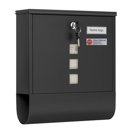 Moderne BukkitBow wandbrievenbus met kijkvensters en naamplaatje, geschikt voor buiten, in stijlvolle design.
