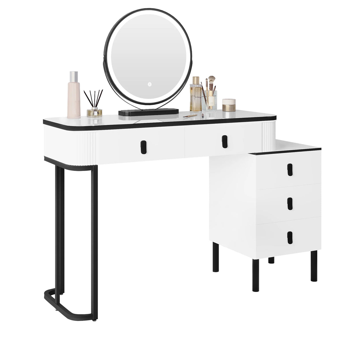 Moderne witte en zwarte BukkitBow kaptafel met LED-spiegel en houtlook afwerking, stijlvolle make-up en haarstijl setup.