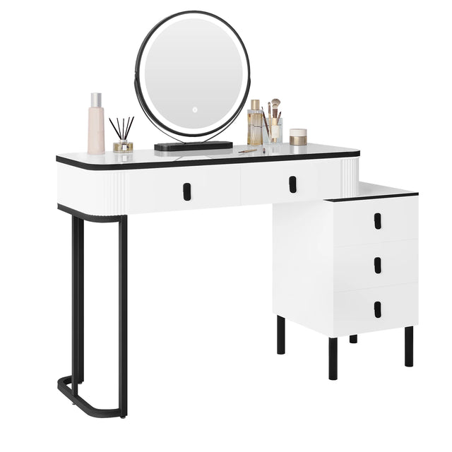 Moderne witte en zwarte BukkitBow kaptafel met LED-spiegel en houtlook afwerking, stijlvolle make-up en haarstijl setup.