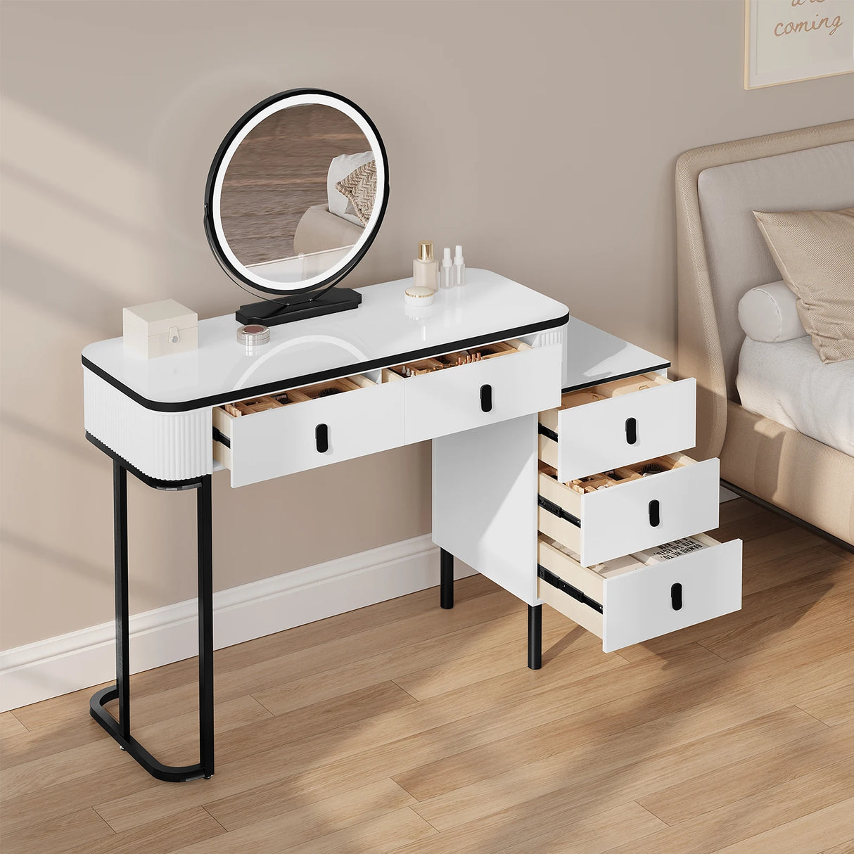 Moderne witte en zwarte BukkitBow kaptafel met LED-spiegel, stijlvolle meubel voor make-up en haarstyling.