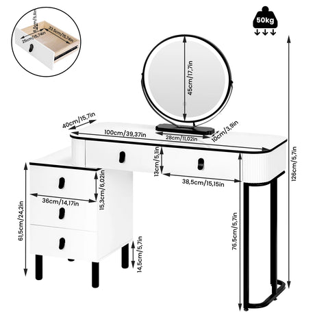 Moderne witte en zwarte BukkitBow kaptafel met ingebouwde LED-spiegel, stijlvolle meubel voor make-up en hairstyling.