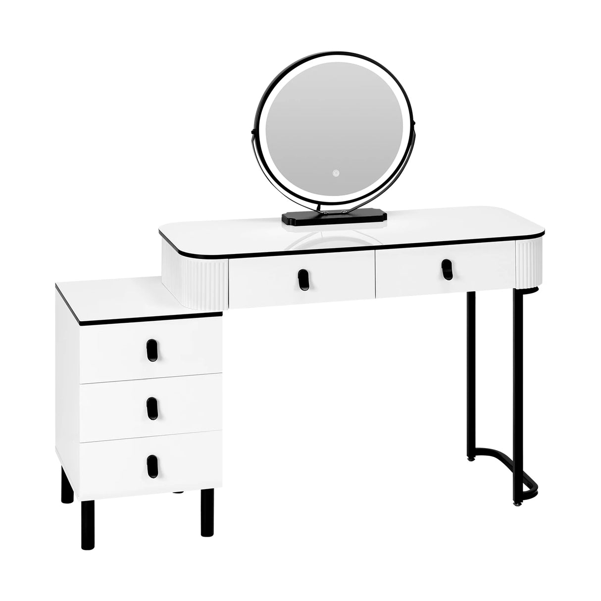 Moderne witte en zwarte BukkitBow kaptafel met LED-spiegel en elegante uitstraling, ideaal voor een stijlvolle slaapkamer of kleedruimte