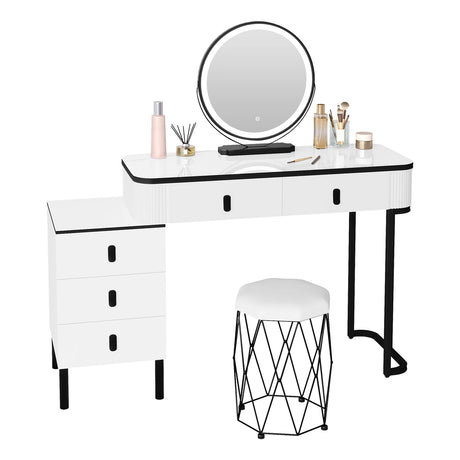 Moderne witte en zwarte BukkitBow kaptafel met LED-spiegel en spiegelkast voor een stijlvolle slaapkamer of badkamer.