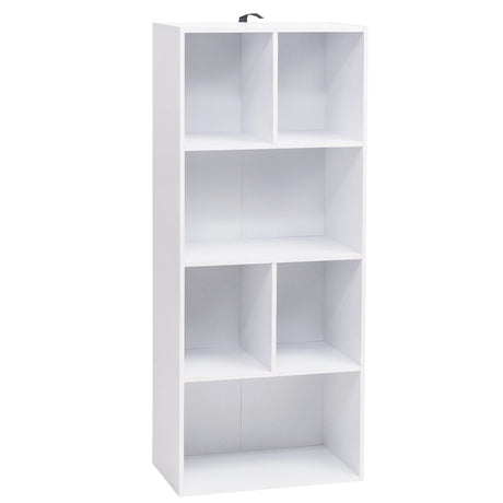 Moderne witte BukkitBow boekenkast met 6 open vakken, 118 cm hoog, stijlvolle opbergruimte voor boeken en decoratie.