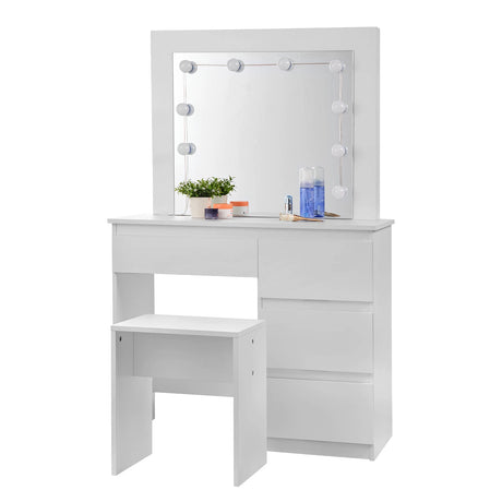 Moderne witte BukkitBow kaptafel met LED-spiegel, kruk en vier laden voor een stijlvolle slaapkamer of garderobe.
