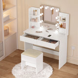 Moderne witte BukkitBow kaptafel met LED-verlichting en ingebouwd stopcontact, geschikt voor slaapkamer of kleedruimte.