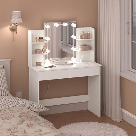 Moderne witte BukkitBow kaptafel met LED-verlichting en stopcontact, ideaal voor stijlvolle slaapkamers of kleedkamers.