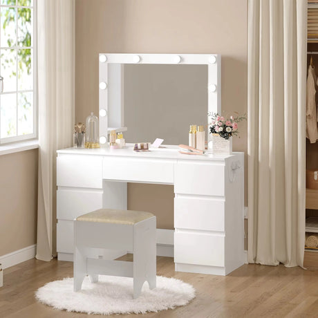 Moderne witte BukkitBow kaptafel met 7 laden, LED-verlichting en ingebouwd stopcontact, stijlvolle en functionele meubel.