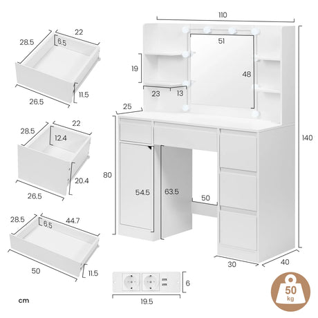 Moderne witte BukkitBow kaptafel met stopcontact en Hollywood verlichting, geschikt voor een stijlvolle slaapkamer of kleedruimte.