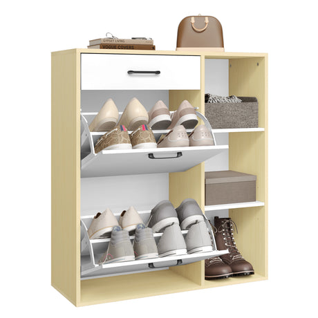 Moderne witte schoenenkast van BukkitBow met kantelbakken en lade, geschikt voor het opbergen van schoenen en accessoires.