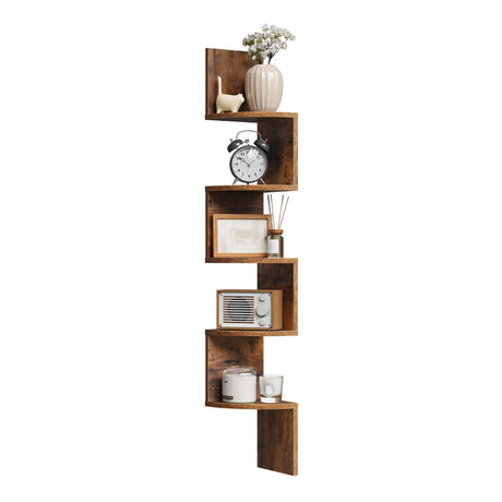 Moderne zigzag wandplank van BukkitBow met 5 niveaus, hoekmontage, houten design voor woon- of slaapkamer decor.