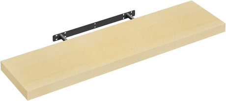 Moderne zwevende wandplank van BukkitBow met verborgen bevestiging en houtlook, geschikt voor een strakke interieurstijl.
