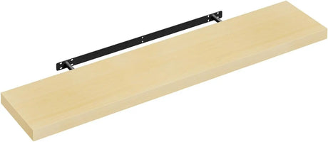 Moderne zwarte zwevende wandplank van BukkitBow met verborgen bevestiging en houtlook, geschikt voor moderne interieurdecoratie.