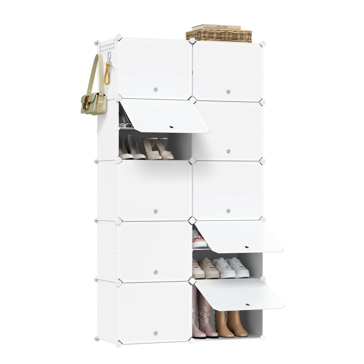 Modulair Schoenenrek van BukkitBow met 10 vakken voor 40 paar schoenen in wit en zwart, overzichtelijk en praktisch.