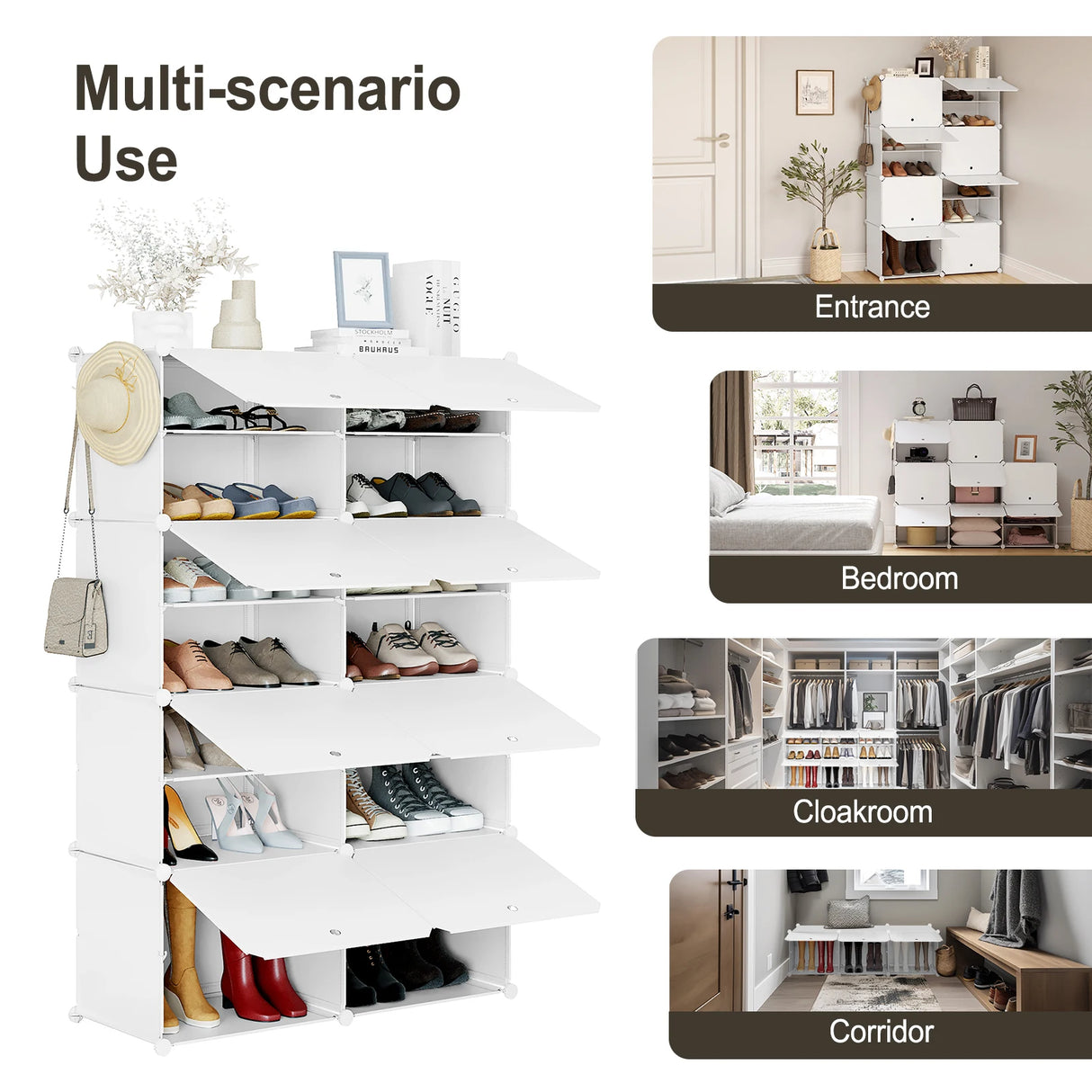 Wit BukkitBow modulaire schoenenrek met 6 of 8 vakken, geschikt voor 32 paar schoenen, zichtbaar op de afbeelding.