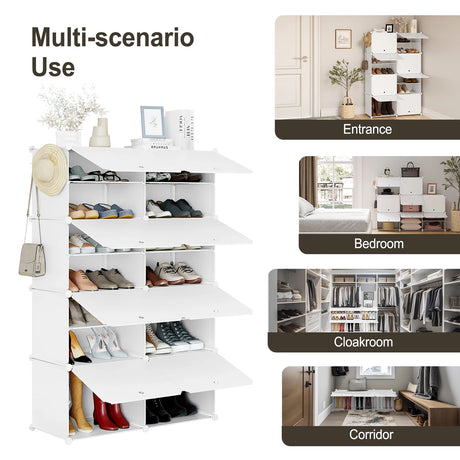 Wit BukkitBow modulaire schoenenrek met 6 of 8 vakken, geschikt voor 32 paar schoenen, zichtbaar op de afbeelding.