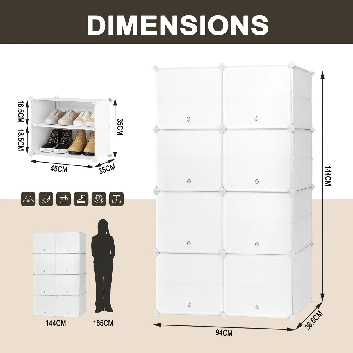Wit BukkitBow modulaire schoenenrek met 6 of 8 vakken, geschikt voor 32 paar schoenen, overzichtelijk en ruimtebesparend.