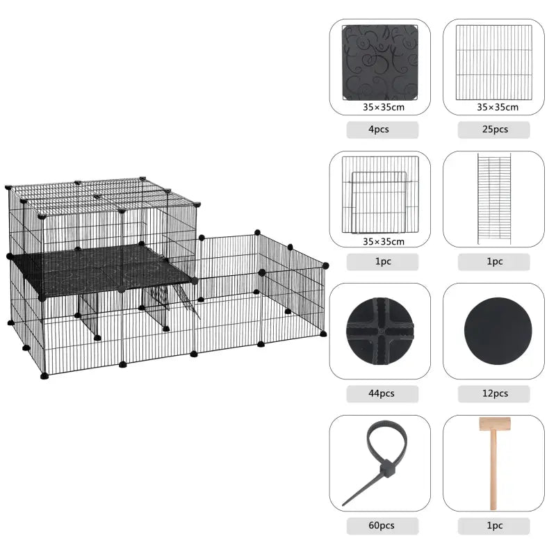 BukkitBow modulaire knaagdierenren met 2 lagen en montagehamer, geschikt voor cavia's, hamsters en konijnen, 70x70x140 cm