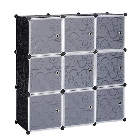 Modulaire BukkitBow opbergkast met 9 compartimenten, geschikt als schoenenkast, in wit of zwart, 105x105x35 cm, voor kleding en schoenen.