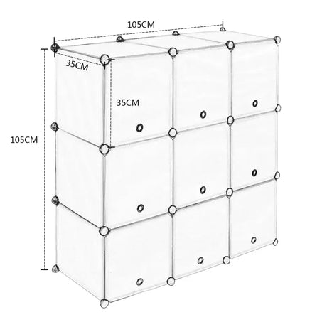 BukkitBow modulaire opbergkast en schoenenkast met 9 compartimenten, wit of zwart, afmetingen 105x105x35cm, kledingrek.