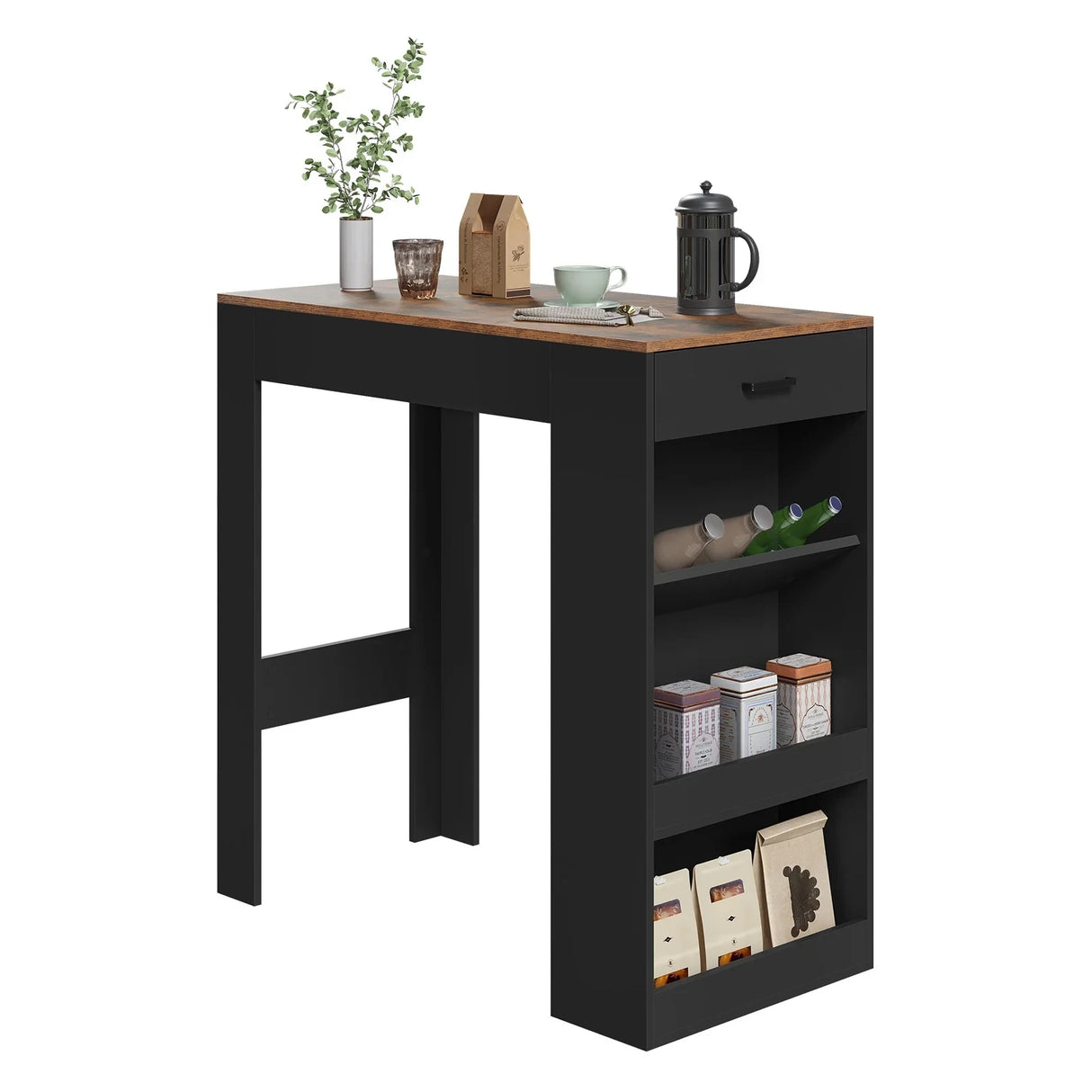Multifunctionele BukkitBow bartafel met wijnrek en lade, modern design, met houten afwerking en metalen frame.