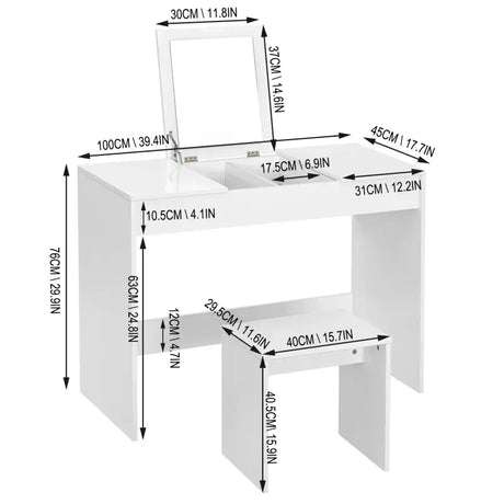BukkitBow multifunctionele kaptafel met kruk, hout en dichtheidsborden, ruime opslag, afmetingen 100x45x76cm.