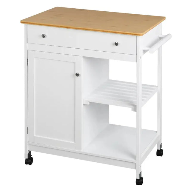 BukkitBow multifunctionele keukentrolley met bamboe werkblad, ruime opbergruimte en 360° zwenkwielen in afmeting 75x89x44cm