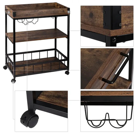 BukkitBow multifunctionele keukentrolley met wijnrek en glas houder, MDF en metalen frame, afmetingen 69,5x39,5x85cm.