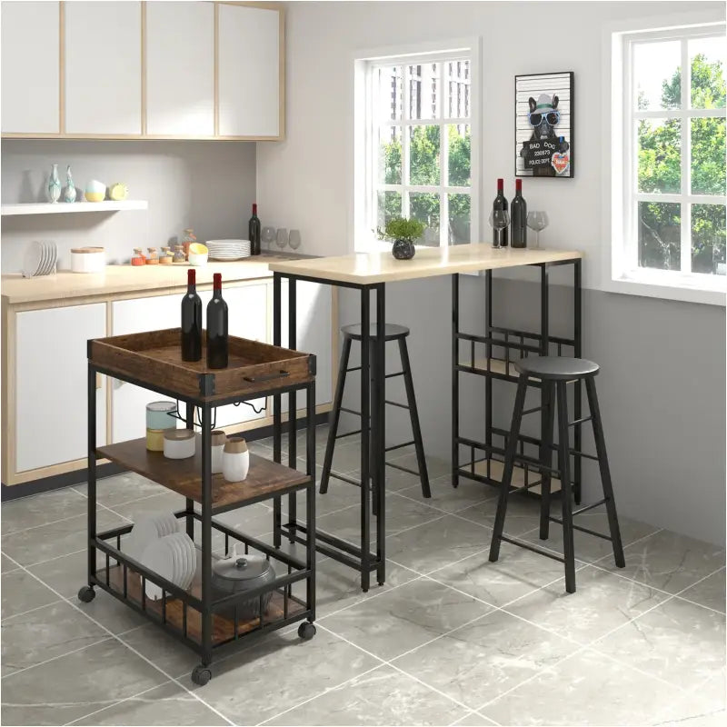 BukkitBow multifunctionele keukentrolley met wijnrek, glas houder, MDF en metalen frame, afmetingen 69,5x39,5x85cm, in keuken gebruikt