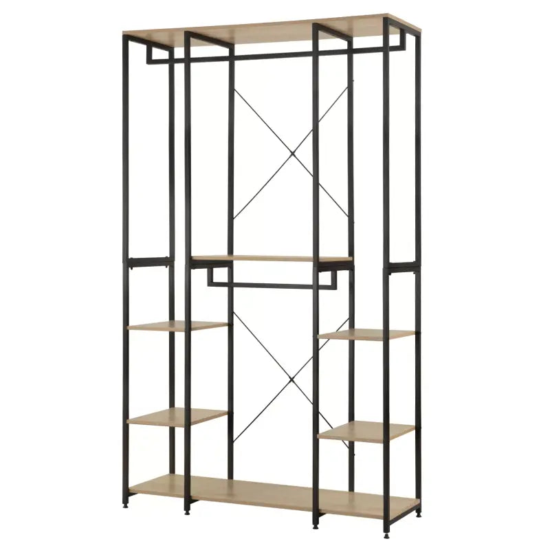 BukkitBow multifunctioneel kledingrek met 4 rails, stalen frame en eikenhouten elementen, 120x40x201cm, max 30 kg per plank