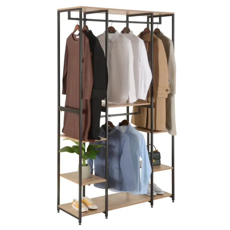 BukkitBow multifunctioneel kledingrek met stalen frame en eikenhouten planken, vier kledingrails, afmetingen 120x40x201cm.