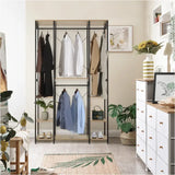 Multifunctioneel open garderobe van BukkitBow met 4 kledingrails, stalen frame en eikenhouten planken, 120x40x201cm.