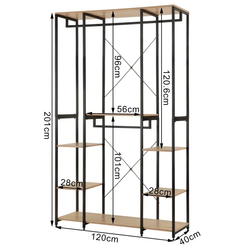 Multifunctioneel kledingrek van BukkitBow met 4 kledingrails, stalen frame en eikenhouten planken, 120x40x201cm, max 30 kg per plank.
