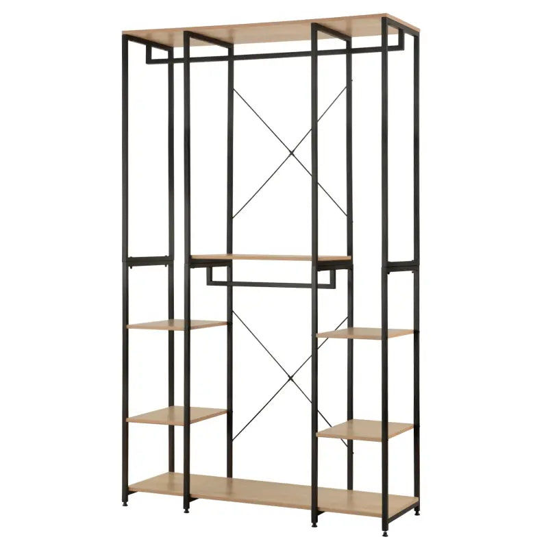 BukkitBow multifunctioneel kledingrek met 4 kledingrails, stalen frame en eikenhout, afmetingen 120x40x201 cm, tot 30 kg per plank.