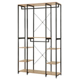 BukkitBow multifunctioneel kledingrek met 4 kledingrails, stalen frame en eikenhout, afmetingen 120x40x201 cm, tot 30 kg per plank.