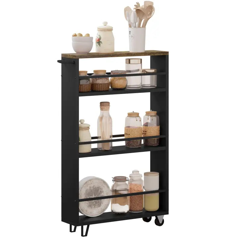 Multifunctionele BukkitBow keukentrolley met 3 open planken, verrijdbaar met rembare wielen en ruimtebesparend ontwerp, 47x80x13cm.