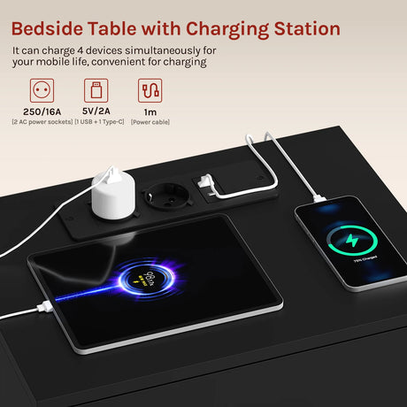 BukkitBow nachtkastje van hout met 3 laden en USB-oplaadstation, modern design voor slaapkamer of woonkamer.