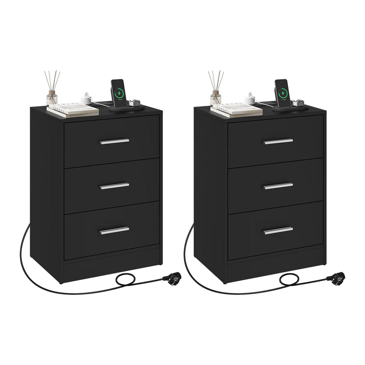 Houten BukkitBow nachtkastje met 3 laden en USB-oplaadstation, modern design, geschikt voor slaapkamer.