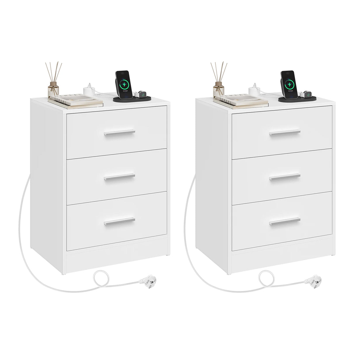 Houten BukkitBow nachtkastje met 3 laden en USB-oplaadstation, modern design voor stijlvolle slaapkamer inrichting.