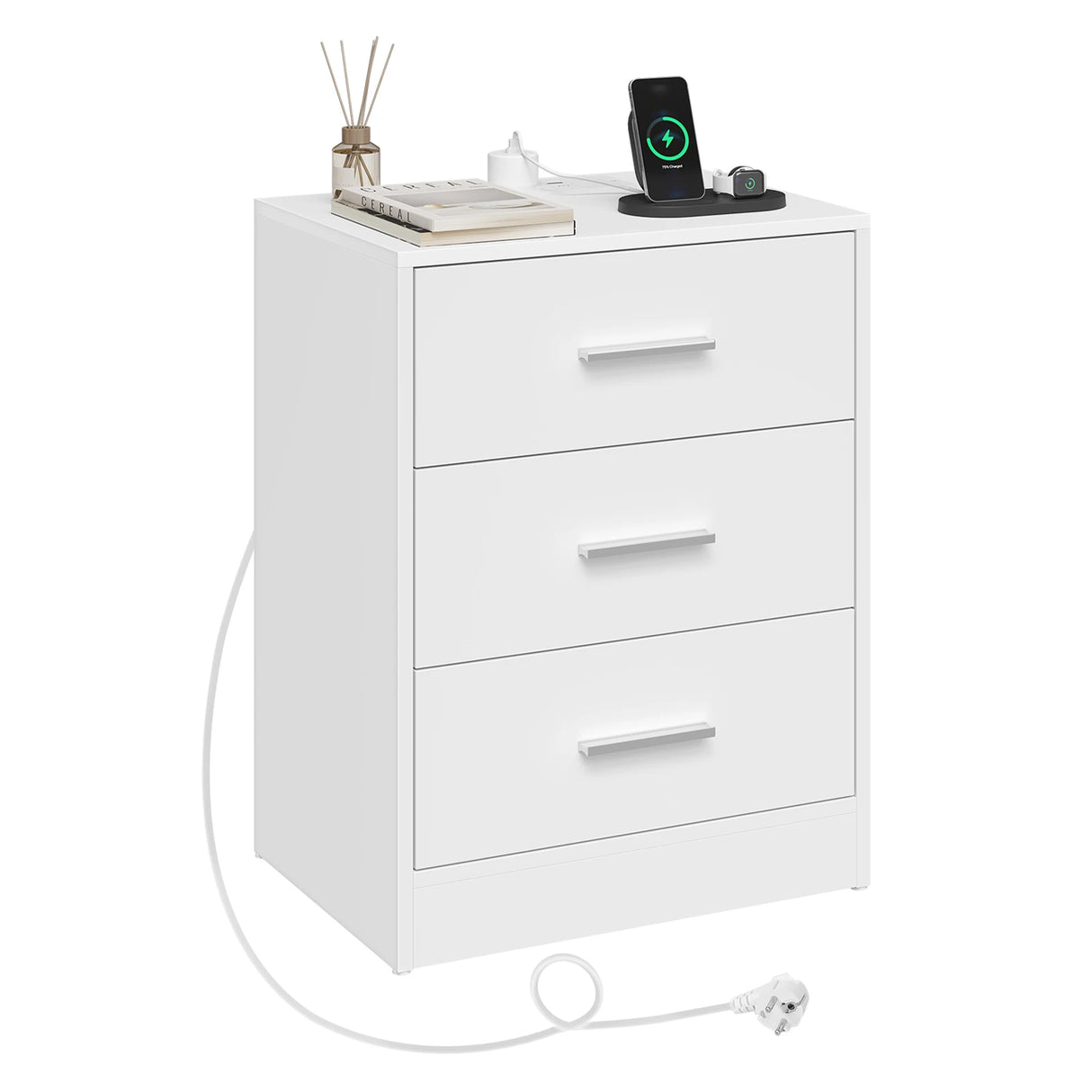 Hout Nachtkastje van BukkitBow met 3 laden en USB oplaadstation, modern design voor slaapkamer.