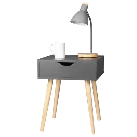 BukkitBow nachtkastje met lade, wit of grijs, gemaakt van MDF en massief hout, afmetingen 40x40x50cm, maximale belasting 5kg.