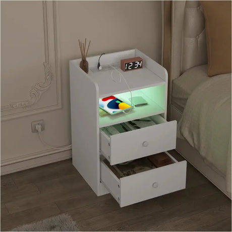 BukkitBow nachtkastje met oplaadfunctie, E1 klasse hout, ingebouwde stopcontacten en USB-poorten, afmetingen 40x64x35 cm