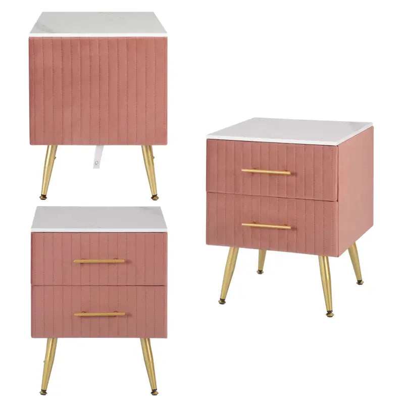 BukkitBow nachtkastje van fluweel met gouden poten, 2 lades, afmetingen 40x40x50 cm, elegant meubel voor slaapkamer.