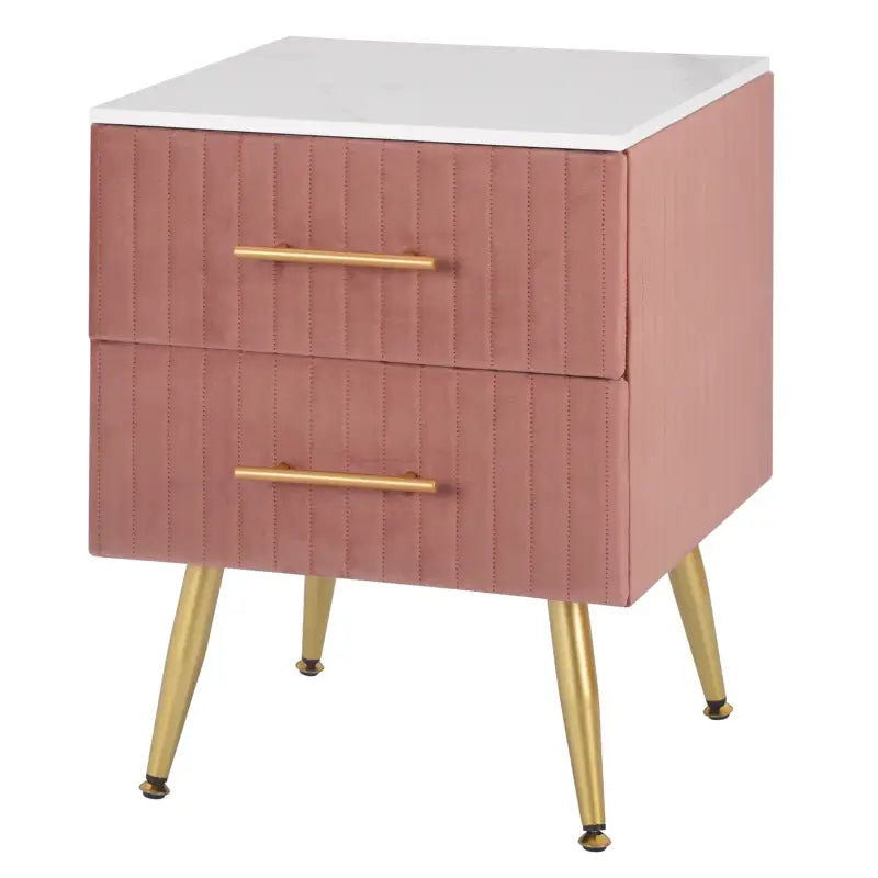 BukkitBow nachtkastje van fluweel met twee lades en gouden poten, afmetingen 40x40x50 cm, elegant en modern design.