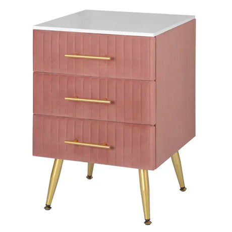 BukkitBow nachtkastje van fluweel met 3 lades en gouden poten, afmetingen 40x40x60 cm, elegant en modern design.