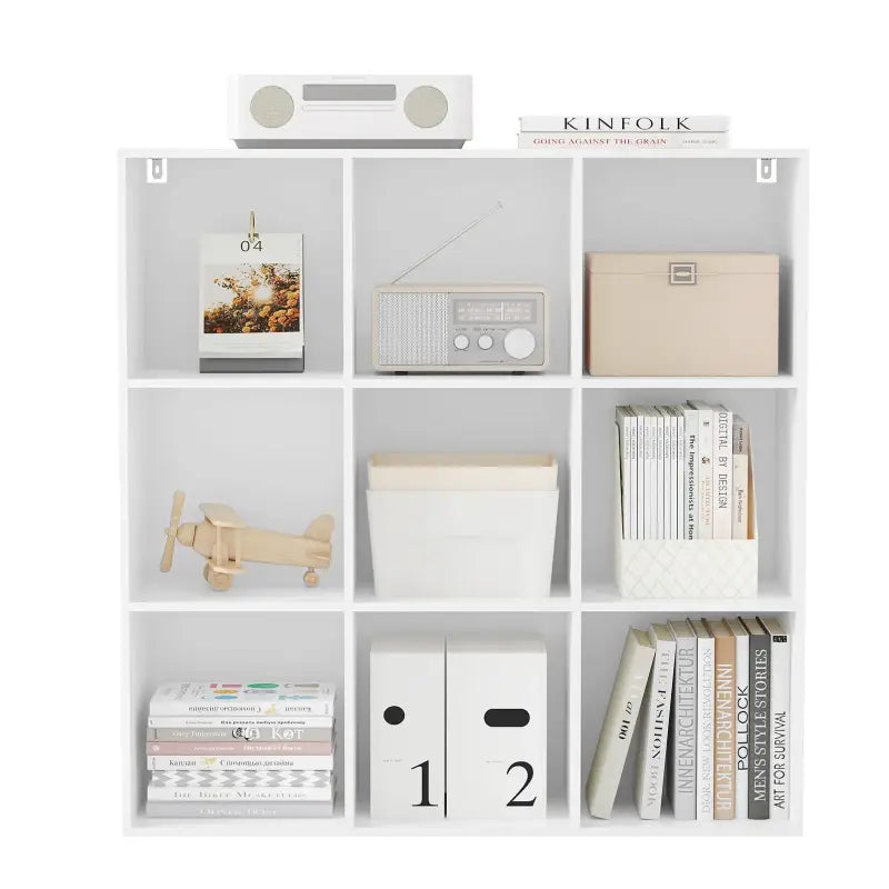 BukkitBow open houten boekenkast met 9 vakken, melamine fineer, achterwand, ruimtebesparend en stabiel, afmetingen 94x93x29,5 cm.