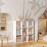 BukkitBow open boekenkast met 9 vakken, hout/melamine fineer, achterwand, ruimtebesparend en stabiel, afmetingen 94x93x29,5 cm.